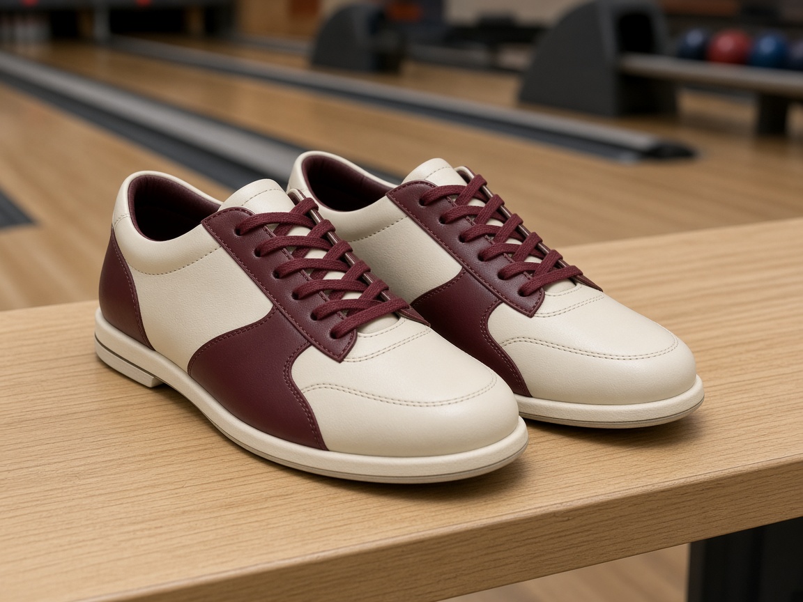 Kremowo-bordowe buty do kręgli na drewnianej ławce